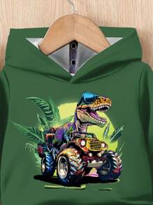 SHEIN 男婴休闲简约宽松舒适酷炫时尚恐龙印花柔软针织连帽衫和裤子套装，适合秋冬季 - 彩色 - 查看 4