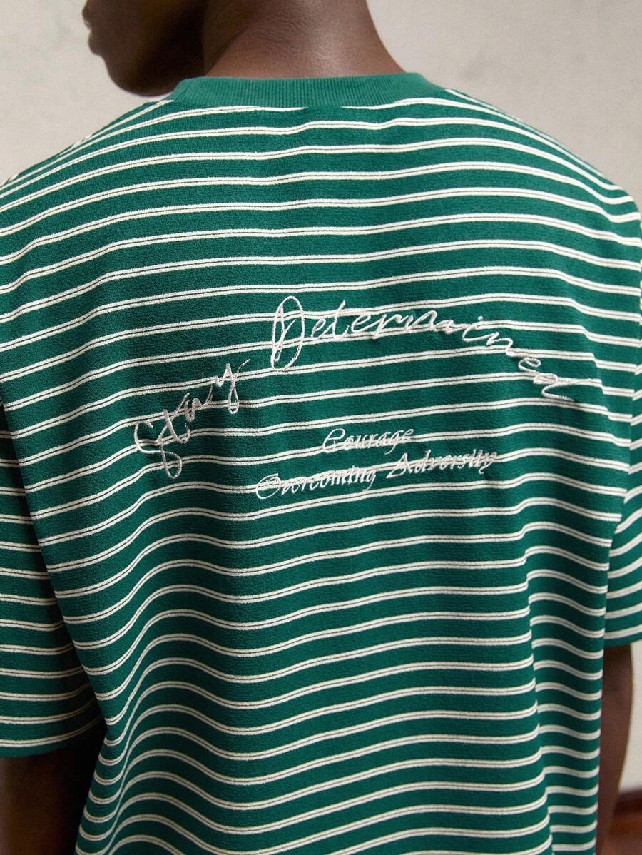 AKNOTIC Business Casual Men's Loose Knit Striped Round Neck Short Sleeve T-Shirt - Green - View 1