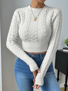 Chiquease Women Solid Color Crew Neck Long Sleeve Cropped Fitted Sweater, Autumn/Winter Knit Pullover Fall Outfit - White - View 3