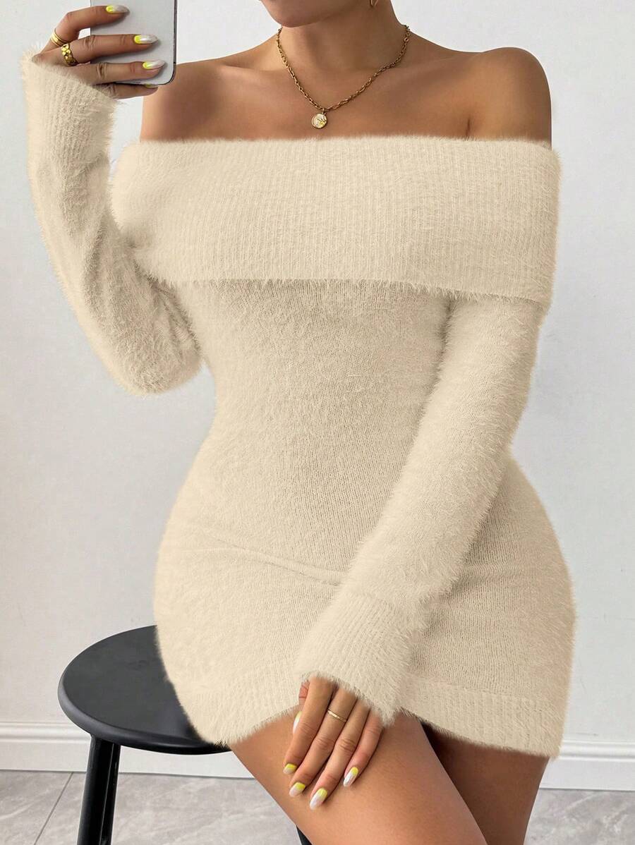 Chiquease 1 件休闲纯色露肩修身迷你毛衣连衣裙，秋冬 - 杏色 - 查看 1
