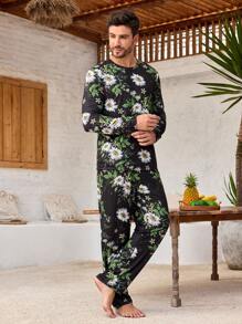 Manfinity ChillVibe 2pcs Men Floral Print Crew Neck Long Sleeve Top And Pants Pajama Set - Black - View 5