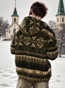 Manfinity VCAY Men Retro Knitted Casual Pattern Loose Fit Hooded Long Sleeve Jacket, For Fall Winter - Army Green - View 2