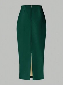 SHEIN Clasi 女士优雅纯色开衩下摆修身铅笔裙长裙 - 綠色 - 查看 2