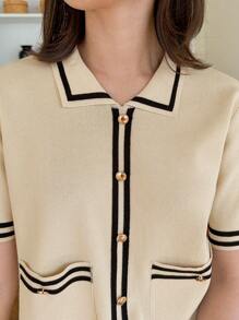 DAZY Váy len kẻ sọc tay ngắn cài nút cho nữ có xếp ly - Màu be - Xem 7