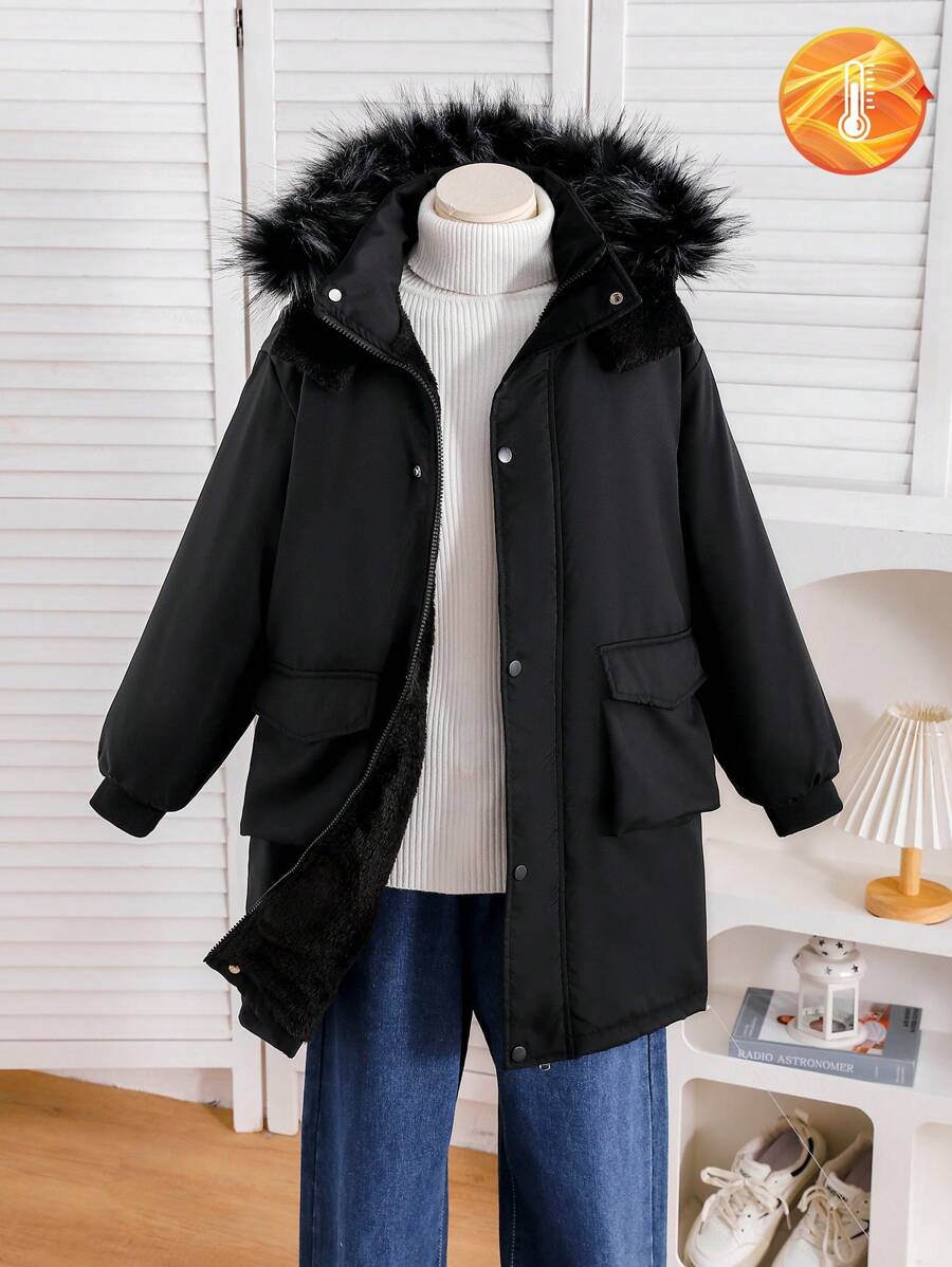 1pc Tween Girls Black Hooded Parka With Fluffy, Large Pockets, Thick Padded Warm Lining, Suitable For Autumn/ Winter