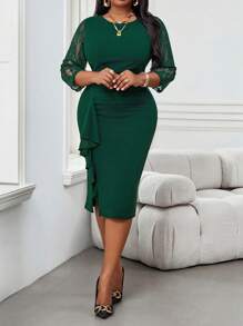 SHEIN Lady Vestidos de talla grande con cuello redondo de encaje de punto verde elegante, volantes plisados y mangas 3/4, aptos para primavera, verano, otoño e invierno - Verde Oscuro - Ver 3