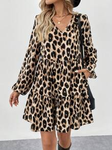 SHEIN LUNE Vestido casual, elegante y para la oficina con cuello en V, mangas abultadas, mangas farol, bajo multicapa en forma de paraguas y estampado de leopardo vintage para mujeres, otoño/invierno - Multicolor - Ver 1