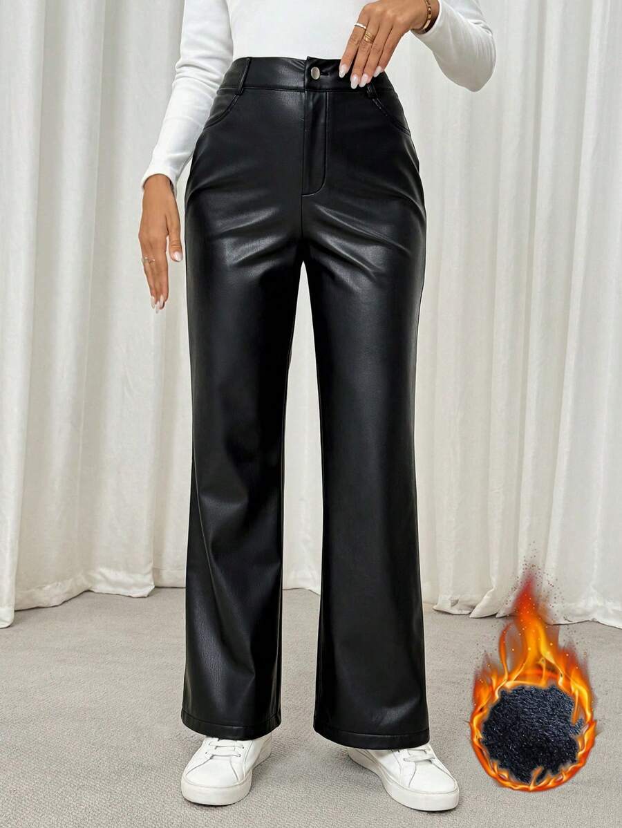 SHEIN LUNE 大码冬季纯色前扣口袋简约设计休闲羊毛保暖皮裤，日常穿着 - 黑色 - 查看 1