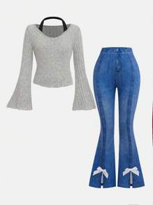 SHEIN 2pcs Tween Girl Knitted Halter Flare Sleeve Crop Top & Flare Hem Bowknot Pants Set, Fashion Fall/Winter Outfit - Multicolor - View 10