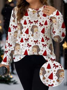 SHEIN LUNE Áo thun cổ tròn tay dài in họa tiết ông già Noel họa tiết Giáng sinh thoải mái, rộng rãi, size lớn dành cho nữ - Nhiều màu - Xem 3