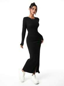 Elegant Casual Black High Slit Long Dress, Pleated Velvet Fabric, Suitable For Family Gathering, Autumn/Winter, Teenage Girls