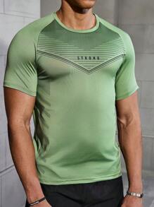 Manfinity Fitness Áo thun thể thao tay ngắn in chữ lưới thường ngày phong cách bạn trai dành cho nam, mùa hè - màu xanh lá - Xem 3