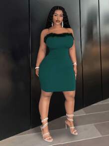 Slaydiva Elegant & Party & Gathering & Sexy & Dating & Evening Wear Women Plus Size Solid Color Sheer Strap Removable V-Neck Fuzzy Splice Mini Dress, Spring/Summer