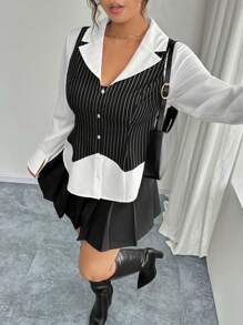 Calvaya 大码女式时尚休闲条纹收腰二合一衬衫 - 彩色 - 查看 7