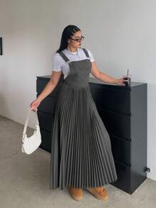 Flirla 1 件女式纯色褶皱吊带连衣裙，韩版简约宽松带口袋，适合夏秋季 - 淺灰色 - 查看 5