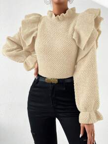 Chiquease Women's Plain Color Ruffle Collar Splice Flounce Hem Long Sleeve Sweater, Autumn/Winter Knit Pullover Fall - Beige - View 3