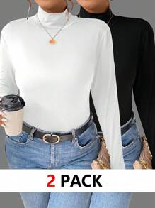 EMERY ROSE 2pcs/Set Casual & Simple Monochrome Plus Size Turtleneck T-Shirts, Spring & ,Summer Fall - Black and White - View 1