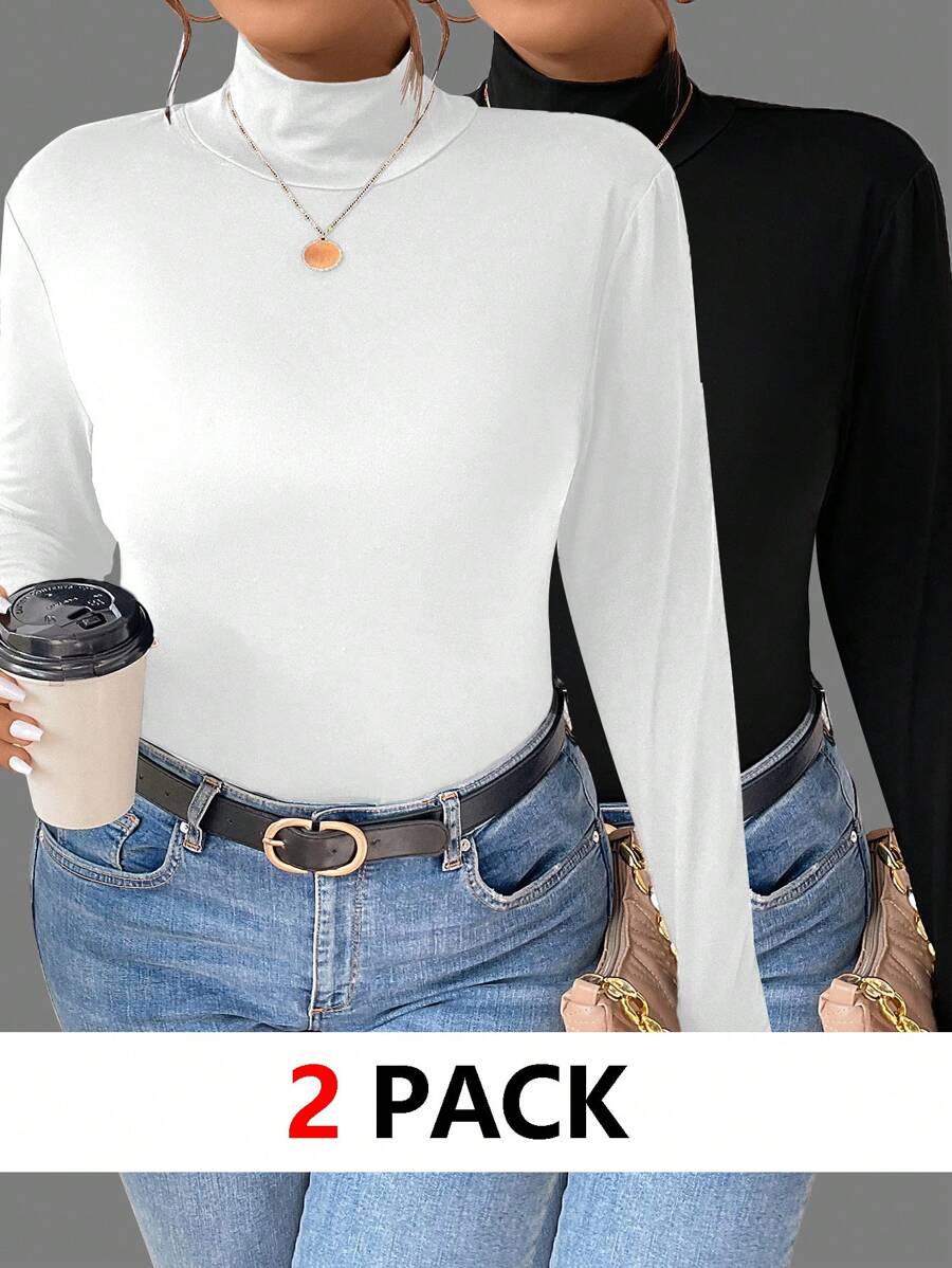 EMERY ROSE 2pcs/Set Casual & Simple Monochrome Plus Size Turtleneck T-Shirts, Spring & ,Summer Fall - Black and White - View 1