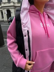 EURMUSE BLACK WINTER WOMEN COAT WITH PINK LINEN DETAIL - Black - View 6