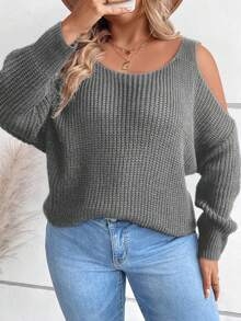 SHEIN LUNE Plus Size Women Black Open Shoulder Long Sleeve Loose Sweater, Autumn Long Sweater - Light Grey - View 4