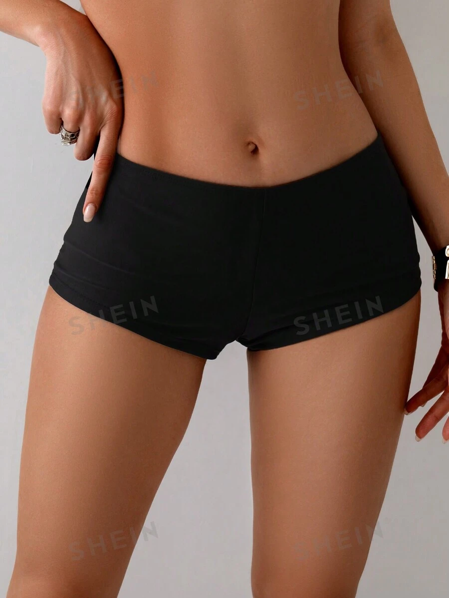 Costum de baie pentru femei de culoare simplă, pantaloni scurți, pantaloni de baie pentru adulți, pentru vacanță, vara - Negru - Vizualizare 1