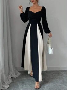 Rafferiza Robe longue femme élégante en patchwork à manches longues en contraste noir et blanc - Noir - Voir 3