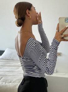 DAZY 条纹露背长袖修身女式 T 恤，秋季休闲上衣，露背学院风上衣 - 藏蓝色 - 查看 1