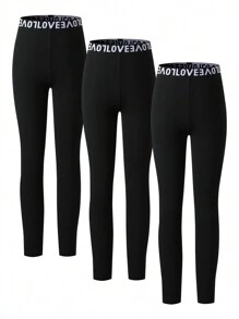 SHEIN Tween Girls Fashion English Text 3pcs Set, Includes Long Leggings, Basic Style, Elastic - Black - View 1