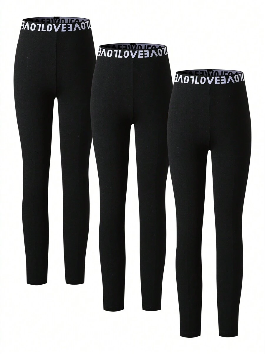 SHEIN Tween Girls Fashion English Text 3pcs Set, Includes Long Leggings, Basic Style, Elastic - Black - View 1