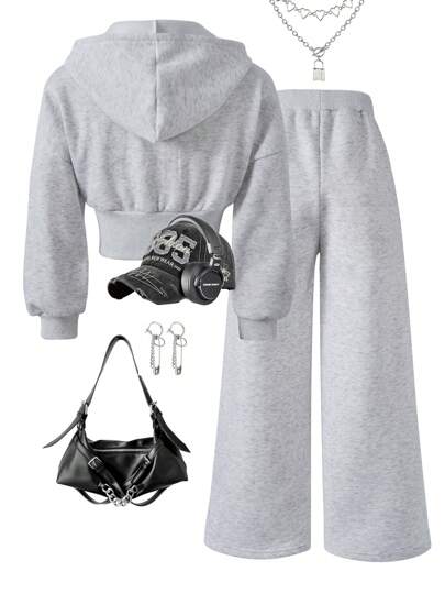 SHEIN Sparklyn 2pcs Tween Girl Velvet White Floral Gray Waist Pull-On Hoodie & Loose Fit Sweatpants Casual Sports Outfit, Autumn/Winter