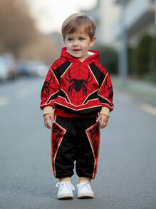 SHEIN Baby Boy Casual Minimalist Loose Comfortable Knit Soft -Style Spider Graphic Print Hoodie And Pants Set, Suitable For Autumn/Winter