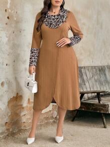 Plus Size Women's Knitted Jacquard Leopard Print Color-Blocking Warm Sweater Dress - Khaki - View 4