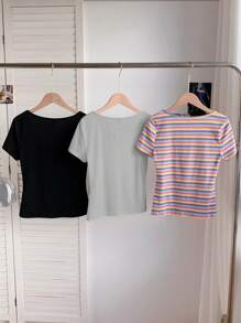 Comfortcana 3 件套女士彩色条纹短袖短款休闲修身 T 恤，适合夏季 - 彩色 - 查看 2