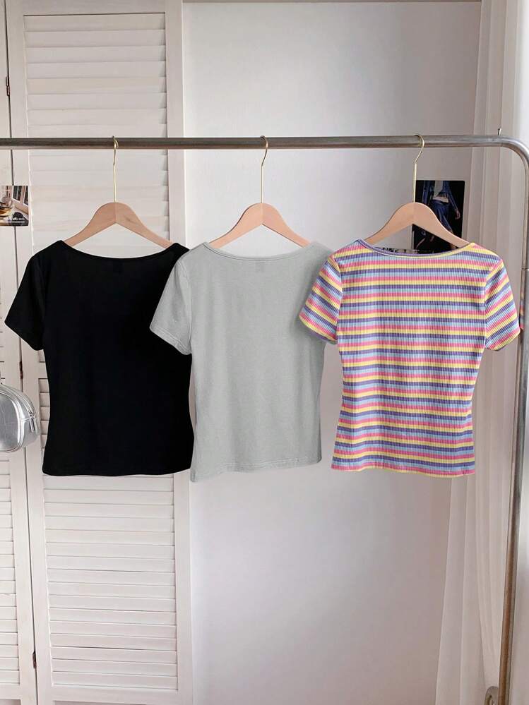 Comfortcana 3 件套女士彩色条纹短袖短款休闲修身 T 恤，适合夏季 - 彩色 - 查看 2