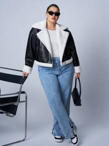 CovetEZ 厚羊毛衬里拉链立领 PU 机车夹克，大码，秋冬季 - 黑與白 - 查看 6