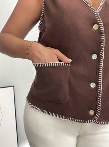 SHEIN Privé Plus Size Women's Brown Scarf Vest&Long-Sleeved Cardigan 3-Piece Set,Autumn Winter Casual Office Fashion Loose Comfortable Thermal Coats Curve Tops - Brown - View 7