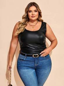 SHEIN CURVE+ Curve Plus 休闲百搭黑色仿皮吊带背心，深 V 领和露背设计，适合秋季 - 黑色 - 查看 7