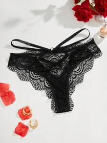 花朵蕾絲織帶三角褲內褲 - 黑色 - 查看 8