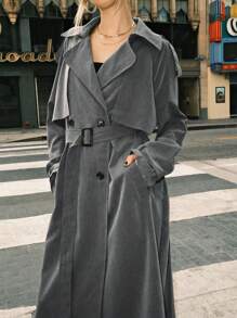 SHEIN EZwear Casual Notched Lapel Double Breasted Belted Trench Coat, Autumn - Dark Grey - View 7