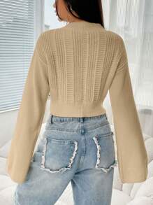 SHEIN EZwear Black Mock Neck Trumpet Sleeve Crop Sweater - Apricot - View 2