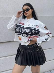 POPSWAY Plus Size Women Motorcycle Print Short Jacket