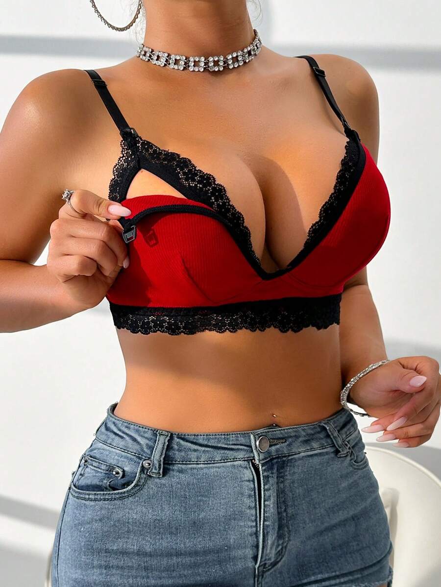 Moonlight&Mama Maternity Contrast Lace Nursing Spaghetti Strap Bra - Black - View 1