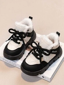1 双冬季儿童毛绒保暖透气运动鞋，时尚皮革鞋面，儿童休闲跑步鞋 - 黑色 - 查看 1