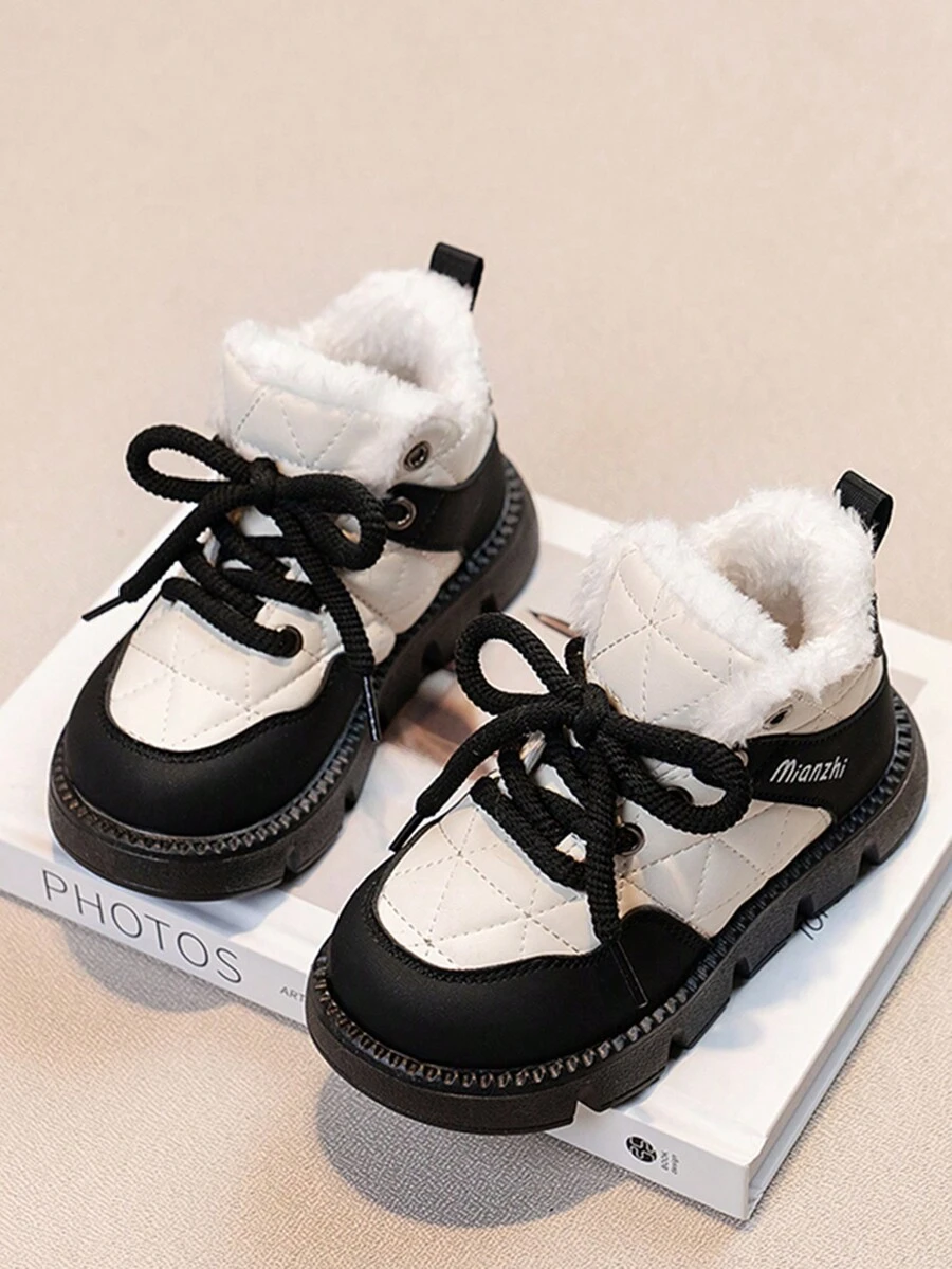 1 双冬季儿童毛绒保暖透气运动鞋，时尚皮革鞋面，儿童休闲跑步鞋 - 黑色 - 查看 1