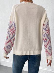 Chiquease Women Winter Cute Geo Pattern Crew Neck Long Sleeve Casual Sweater - Apricot - View 2