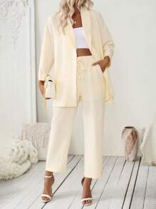 SHEIN Clasi Set de 2 piezas para mujer: Top de manga media color albaricoque con cinturón + Pantalones rectos de cintura elástica