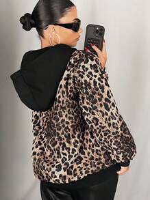 SHEIN ICON Oversized Leopard Print Patchwork Hooded Padded Coat - Brown - View 2