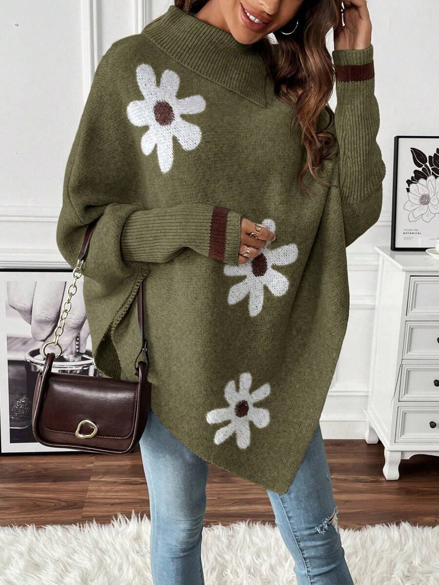 SHEIN Clasi 1pc Women Floral Pattern Batwing Sleeve Casual Loose Sweater, Suitable For Autumn/Winter Knit Pullover Fall - Army Green - View 1