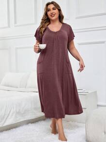 SHEIN Vestido de dormir casual de talla grande de un solo color, con piel amigable, con doble bolsillo, vestido largo, muu muu - Rosa Fucsia - Ver 5