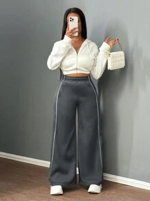 Slaydiva Quần ống rộng đơn giản, giản dị, thể thao màu khối đơn giản dành cho nữ - Xám - Xem 5